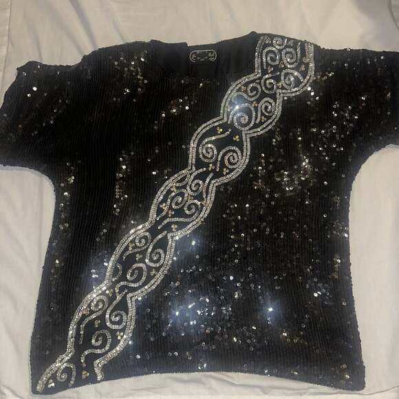 Joseph Le Bon Tops - Vintage Joseph Le Bon 100% Silk Black Silver Beaded Cross Glam Tunic Blouse M